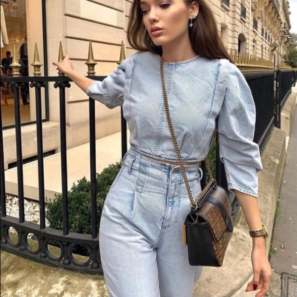Puffy Sleeves Denim Crop Top